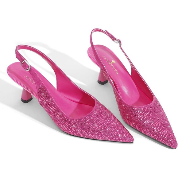 🆕Women's Black Kitten Heels Slingback Low Heel Shoes Pumps Pointed Toe Sparkly - Picture 3 of 9